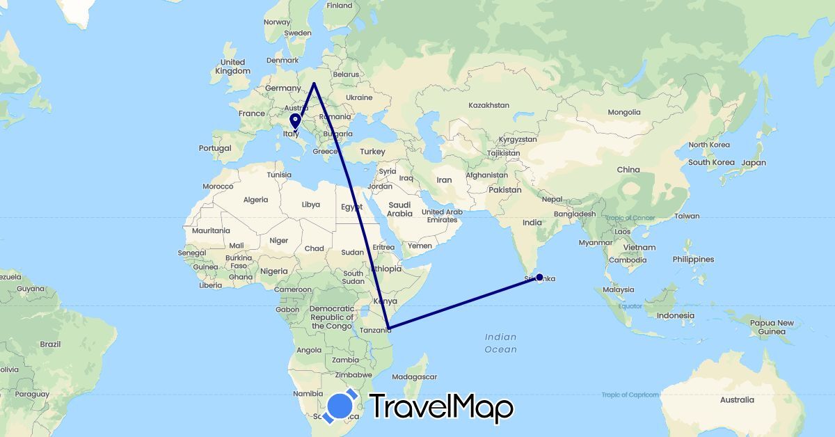 TravelMap itinerary: driving in Italy, Sri Lanka, Poland, Tanzania (Africa, Asia, Europe)